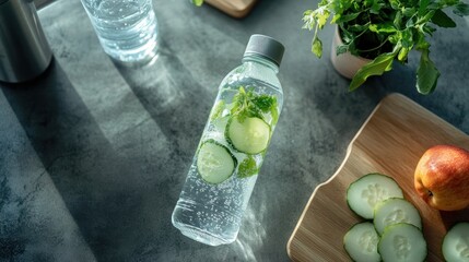 Refreshing infused water with cucumber and mint on a styled kitchen countertop
