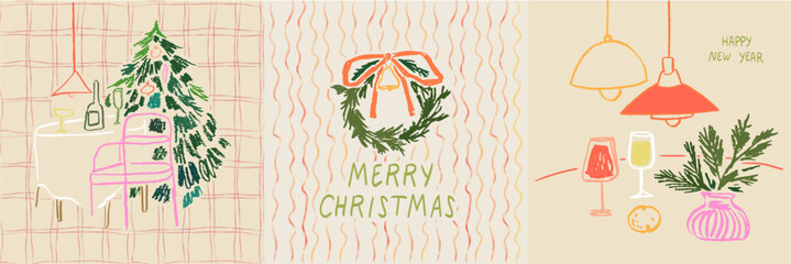 Obraz na płótnie Canvas Retro vintage christmas banners in pencil or chalk drawing art style. Cute posters or placards print set christmas or new year dinner table with wine and fir tree. Greeting cards and party invitations