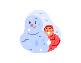 Illustration of a boy building a snowman. Decorating a snowman. Playing and creating with snow. Winter activities. Flat style character design. White background.
