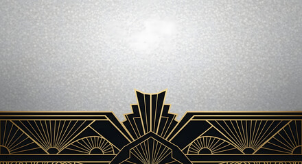 Luxurious Art Deco background with golden geometric sunburst pattern on a shimmering silver texture, providing elegant copy space for formal events