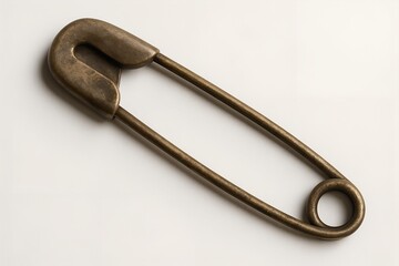 Old metal safety pin isolated on white background, vintage sewing accessory and fastening tool, symbol of DIY, repair, and retro fashion.
