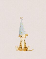 Illustration of a baby tiger wearing a birthday hat, birthday card