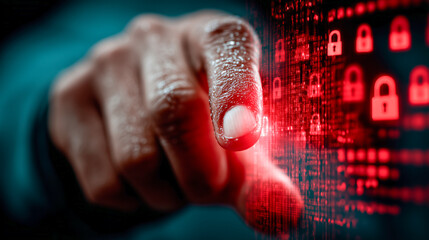 A finger pointing at a glowing red padlock icon on a digital interface. This symbolizes selecting or identifying a security threat, a locked file, or an encrypted data block. Cyber security action.
