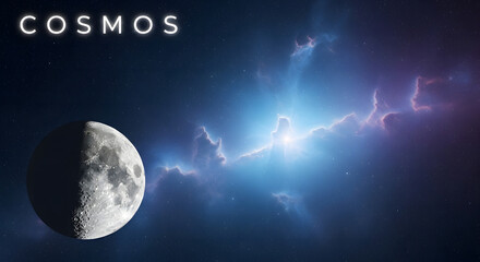 Vibrant cosmic background with a detailed half moon, glowing interstellar clouds, and a bright celestial light in the endless universe