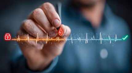A hand drawing a digital heartbeat line (ECG) with a shield and padlock, transitioning from a red alert to a green checkmark. Concept of system health monitoring, threat resolution, and recovery.