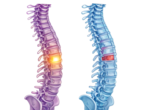 Spinal disc herniation causing back pain inflammation and nerve compression illustration of anatomical vertebral column structures