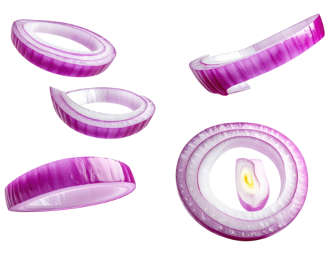 Vivid image of five sliced red onion rings on a black backdrop