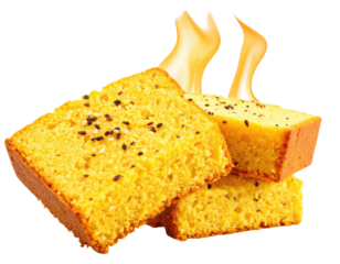 Golden cornbread slices with sesame seeds and stylized flame elements