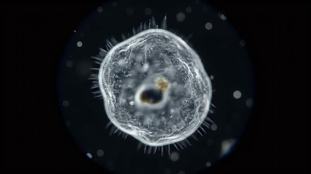 Microscopic single-celled amoeba-like organism under darkfield microscope, detailed biological study of protozoan life