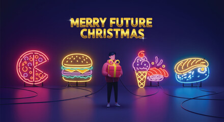 Fototapeta premium A vibrant scene featuring neon food signs, including pizza, burger, ice cream, and sushi, with a person holding a gift box, all set against a futuristic backdrop. Vector illustration.