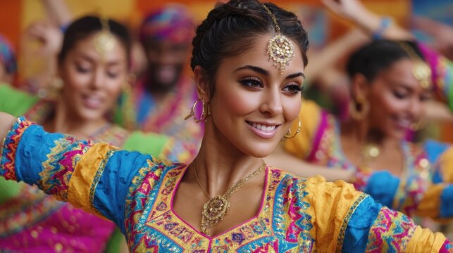 A Bollywood dance festival with a group of dancers in colorful costumes, a dynamic and joyful scene.