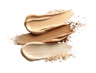 Three shades of foundation, with powder scattered around, arranged in overlapping brushstrokes