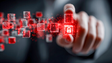 A thoughtful professional in a suit, working on a tablet in a dark, atmospheric server room with red and blue lights. He is likely a manager or analyst reviewing critical security data.