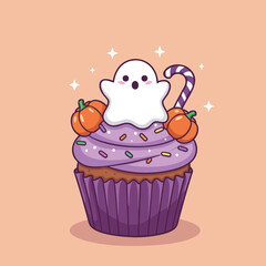 2D cartoon Halloween candy land illustration, with smiling cupcakes, ghost-shaped lollipops, black kitten in pumpkin carriage