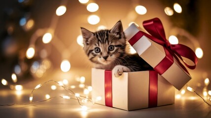 cute kitten sitting in gift box