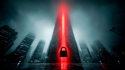 An executive looks out a window at a city skyline at dusk. The city is overlaid with a faint digital grid and a red padlock icon, symbolizing a city-wide cyber threat or security concern.