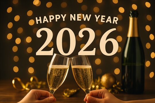 Gold lights meet champagne in elegant 2026 New Year's toast. Holiday background for party posters or digital greeting cards.