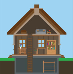 A simple vector house with an attic, a living room, and a basement.