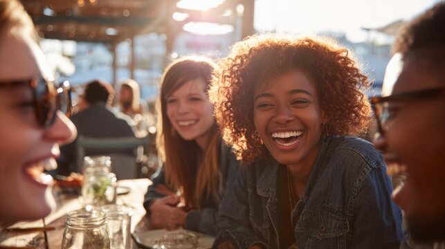 Group of diverse friends laughing together at outdoor cafe during sunset, enjoying a joyful moment, capturing the essence of friendship and happiness in a vibrant atmosphere