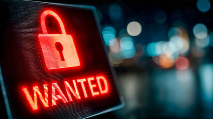 A red padlock with the word "WANTED" on it, resting on a keyboard. This concept clearly visualizes a ransomware attack, a cybercrime alert, or a bounty for a hacker.