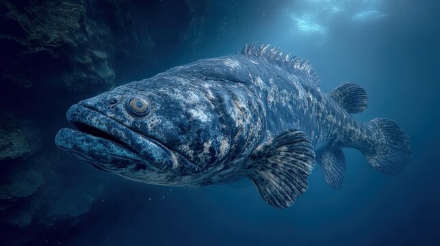 A coelacanth living fossil swimming near a deep ocean thermal vent, a scene of a rare and ancient fish.
