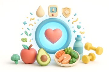 Health, Well-being, and Heart Care with 3D Cartoon Icons
Balanced Life for the Heart (Balanced Life for the Heart)
Holistic Health (Total Health)
Good Food and Exercise (Good Food, Good Energy)
Heart 