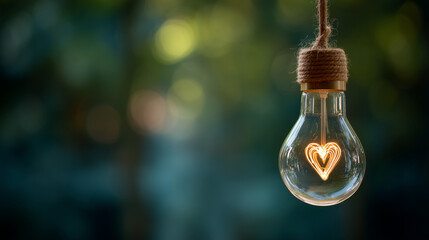 Light bulb with heart inside hanging and glowing close up photo on dark green blur background