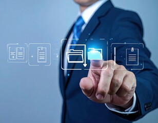 Businessman in suit touching a digital icon, symbolizing data management