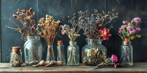 A collection of dried flowers and herbs in glass jars, arranged on a wooden surface against a dark background.
