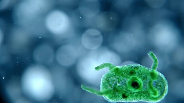 Green Amoeba-like Microorganism Under Microscope. Single-celled organism in fluid. Biology and Science Concept.