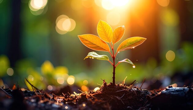 A vibrant seedling sprouts from the earth, bathed in golden sunlight, showcasing life's fresh start.
