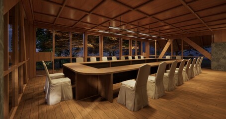 Luxury management office interior with wooden ceiling, modern furniture, and warm lighting.