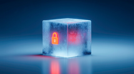 An isometric, glowing ice cube with a red locked padlock, symbolizing frozen assets or encrypted data. Concept for cryptocurrency, NFT, blockchain security, and cold storage wallets for cyber attacks.