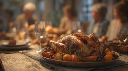 A family gathering for an American Thanksgiving dinner, a warm and festive scene of tradition.
