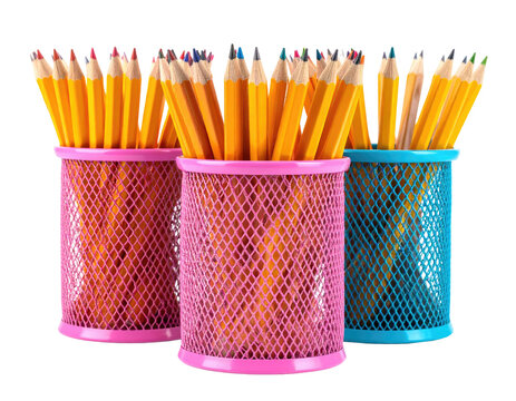 Three colorful mesh pencil holders filled with sharpened yellow pencils