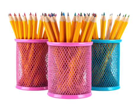 Three colorful mesh pencil holders filled with sharpened yellow pencils