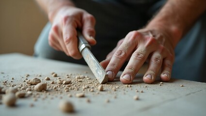 Close-up of hands carving fine detail into concrete surface