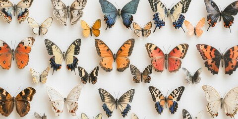 A collection of various butterflies displayed on a white background, showcasing their vibrant colors and patterns.