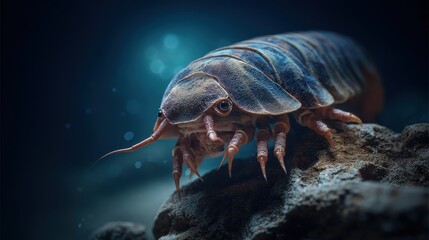 A giant isopod crawling on a rock at the bottom of the deep ocean, a scene of a bizarre deep sea creature.