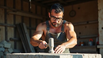Man carving stone block in sunlit workshop with protective glasses