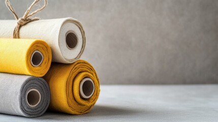 Neatly stacked fabric rolls in yellow and cream shades on textured background for home decor