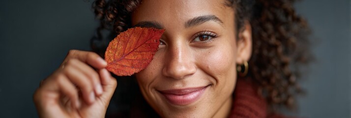 Smiling young woman with curly hair holds a vibrant orange autumn leaf partially covering one eye, set against a dark gray background, embodying fall's warmth