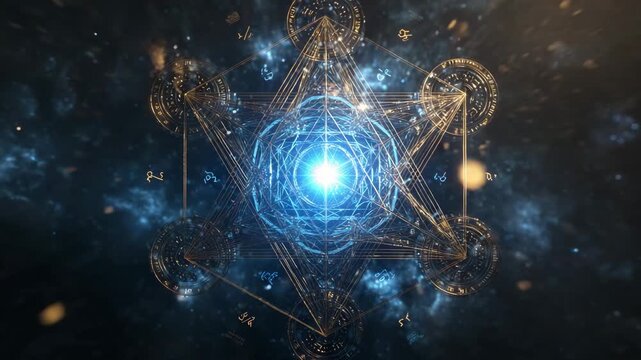 Sacred geometric structure glowing in deep space, abstract cosmic background, Metatron&rsquo;s Cube, esoteric light, fractal pattern, mystical energy, spiritual symbolism