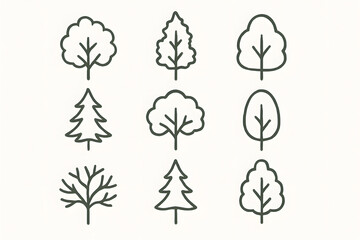 Tree Variety in Icon Style: An array of meticulously drawn tree icons, each showcasing a unique silhouette, embodying the diversity and beauty of nature. 