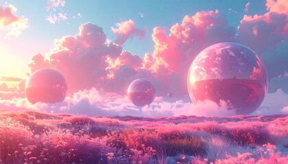 Pastel pink landscape with three reflective spheres floating above a field of flowers under a vibrant sky