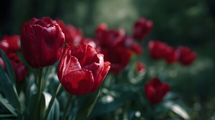 Beautiful close up of vibrant red tulips with striped petals blooming in a lush spring garden highlighted by soft sunlight and bokeh