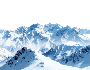 Majestic snow-covered mountain range with textured ridges and a misty atmosphere