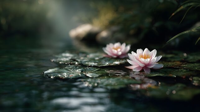 Two delicate pink water lilies float serenely on the dark still surface of a pond surrounded by lush green lily pads - Powered by Adobe