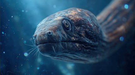 Fototapeta premium An underwater data center with a gulper eel deep sea creature swimming nearby.