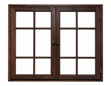 Wooden, eight-paned window. Dark wood, double-hung with brass hardware